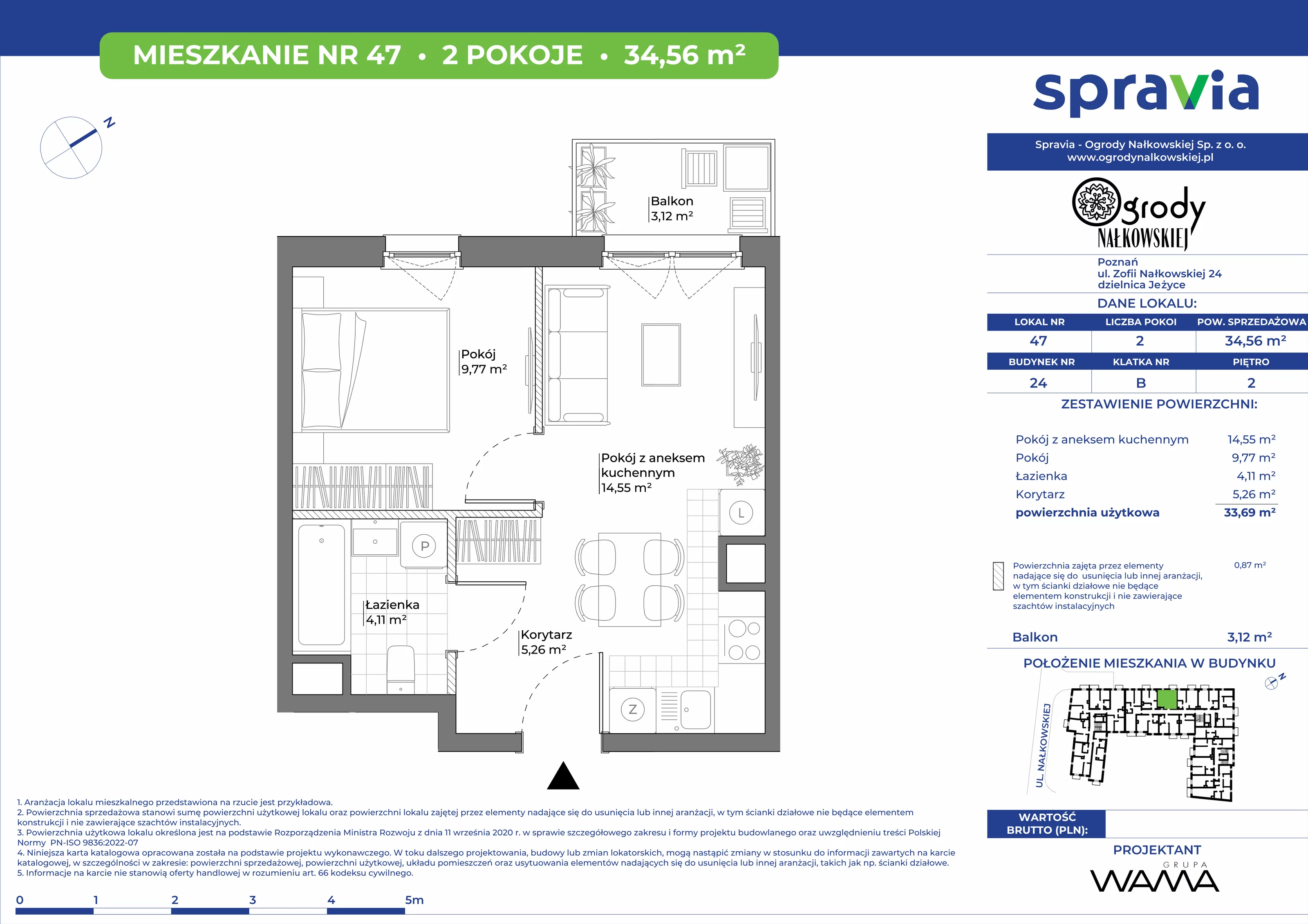 2 pokoje, mieszkanie 34,56 m², piętro 2, oferta nr 24-47, Ogrody Nałkowskiej, Poznań, Ogrody, ul. Nałkowskiej 24, 26